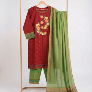 Women’s Red Brown Printed & Embroidered Three Piece Set