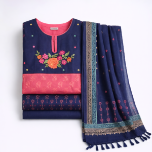 Alternative view of Navy Blue & Coral Contrast Embroidered 3 Piece Set