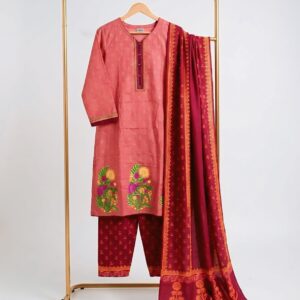 Women’s Dull Red Printed & Embroidered 3 Piece Set