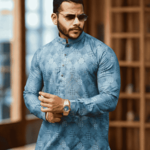 Men’s Embroidered Panjabi – Ash Blue | PNJ-622