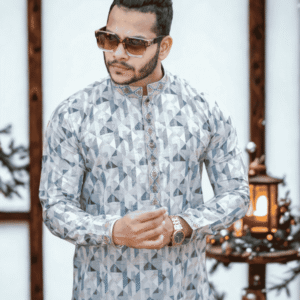 Men’s Printed Panjabi – Light Ash | PNJ-618