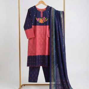 Navy Blue & Coral Contrast Embroidered 3 Piece Set