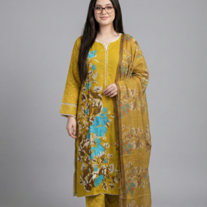 Mustard Yellow Printed Three Piece