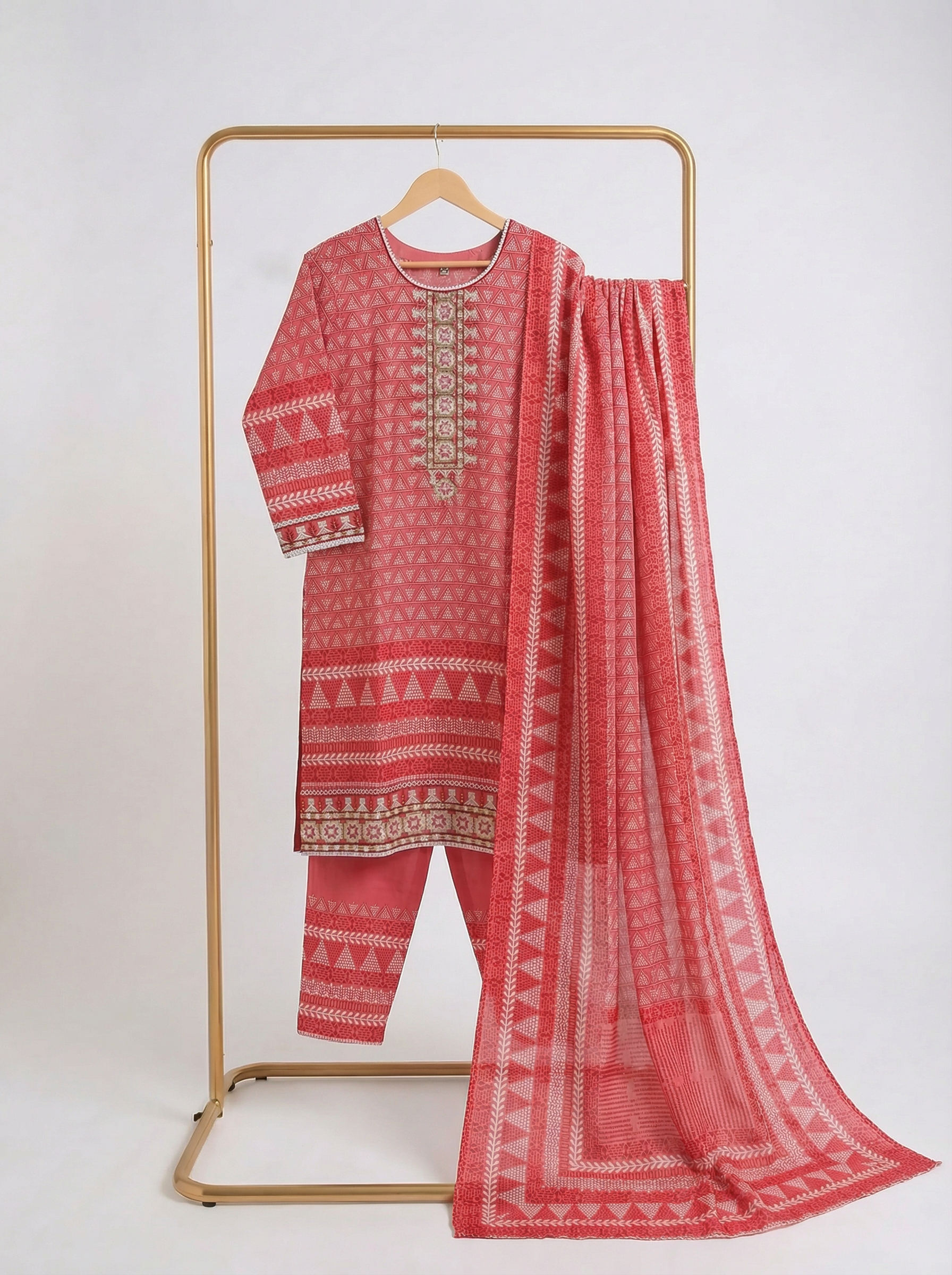 Elegant Red Printed Three Piece Set for Women