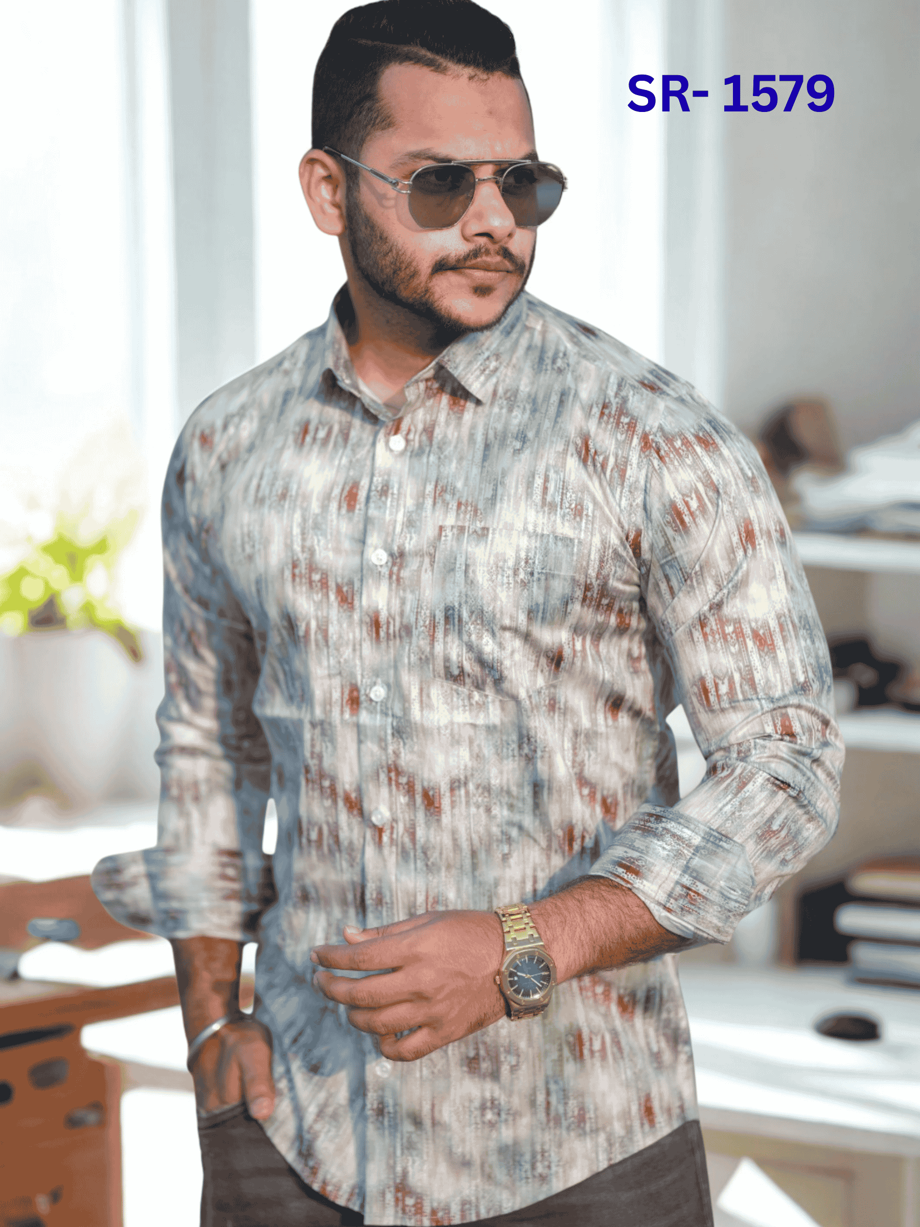 SR-1579 – Light Grey All-Over Print Slim Fit Shirt